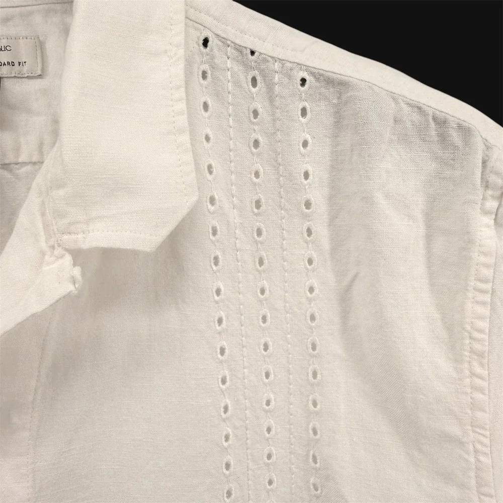 Banana Republic Button Up Shirt Mens XL Tall Pre-Owned White Eyelet Linen Blend